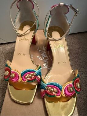 Rare Bhutanika Christian Louboutin Gold Metallic Multicolor Embroidered Sandal